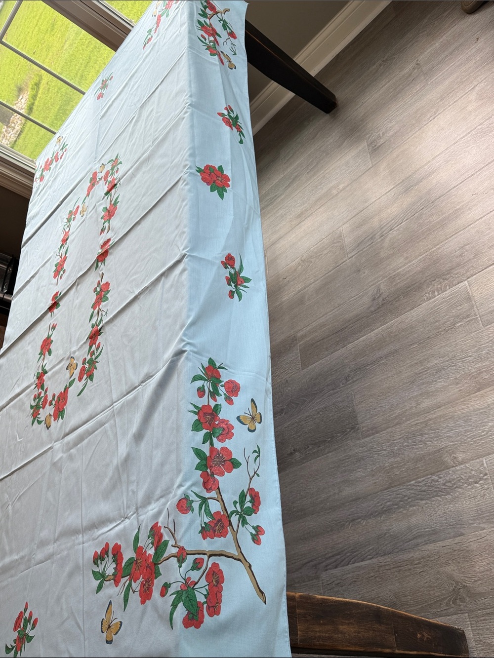 Vintage rectangle Light Blue Floral Butterfly Tablecloth cottagecore prairie